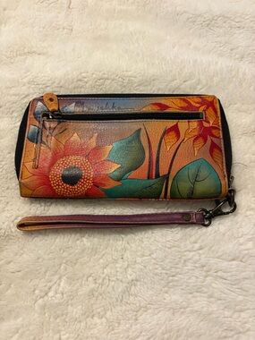 Anna by Anuschka hand-painted genuine leather wallet with wrist strap.
